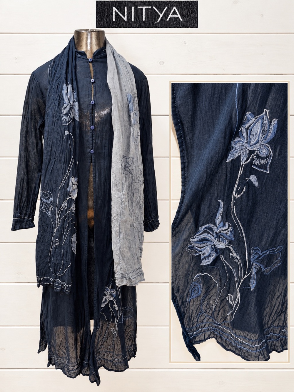 NITYA Long Sheer Embroidered Blouse with Matching Scarf – Size 40